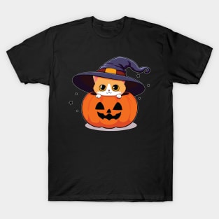 Cat with witch hat in Halloween Jack-O-Lantern or Jack-O’Lantern T-Shirt